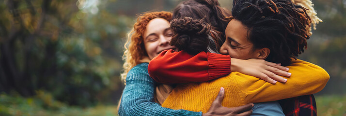 Diverse friends hugging each other outdoors, represents community support and friendship, with copy space