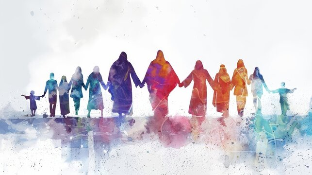 Digital watercolor painting of people holding hands with Jesus Christ, symbolizing unity and faith