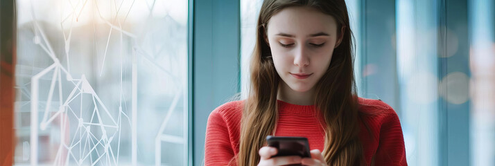 A young woman checking social media on her phone, represents modern technology, with copy space