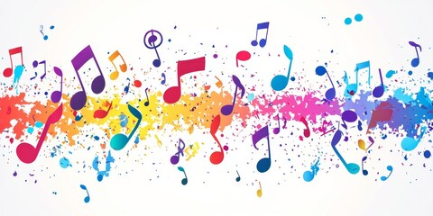 Colorful musical notes swirl on a white background, showcasing vibrant sound and movement