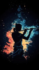 Krishna balancing light and dark energies around him while playing the flute, creating universal harmony, Krishna, balance, cosmic energy
