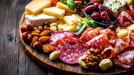 Top view of a plate with a beautifully arranged charcuterie board, featuring meats, cheeses, and nuts.