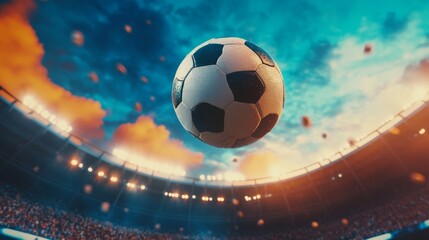 Naklejka premium Dynamic shot of a soccer ball mid-flight, frozen against the backdrop of a vibrant stadium atmosphere.
