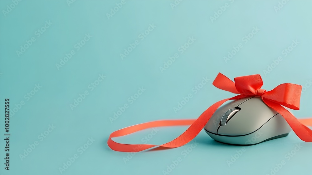 Poster a computer mouse with a ribbon wrapped around it symbolizing the joy and anticipation of finding gre