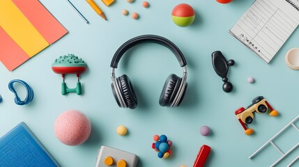 A collection of sensory friendly tools like noise canceling headphones stress balls and fidget toys neatly arranged on a minimalist office desk