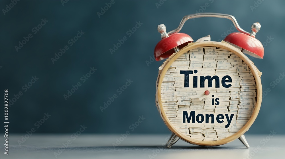Poster a creative and conceptual image depicting a clock made of stacked money symbolizing the well known b