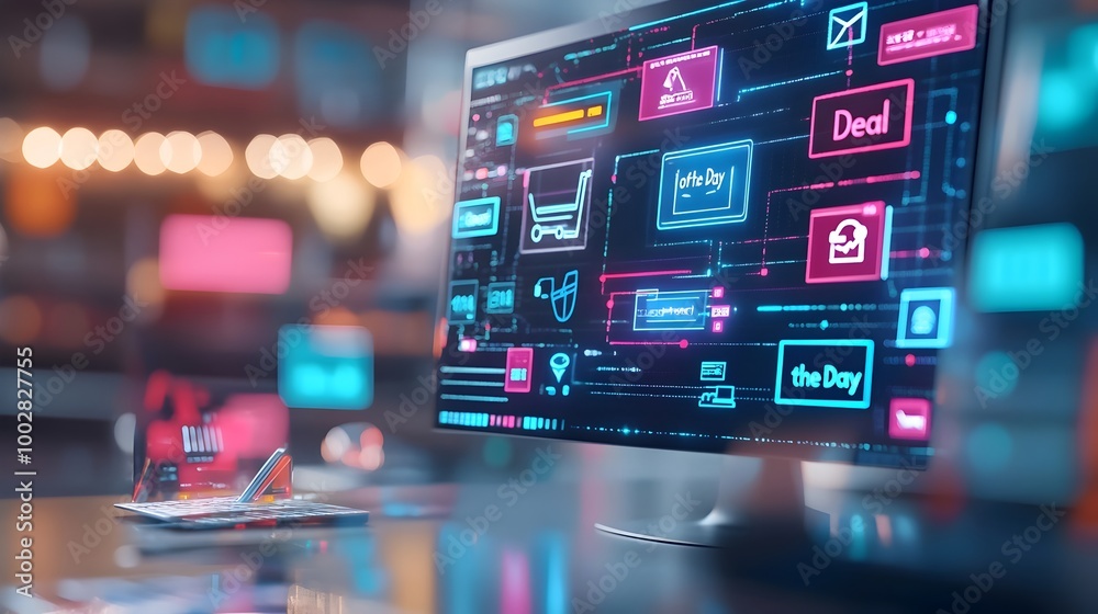 Poster a desktop screen filled with blinking and vivid deal of the day notifications in neon colors capturi