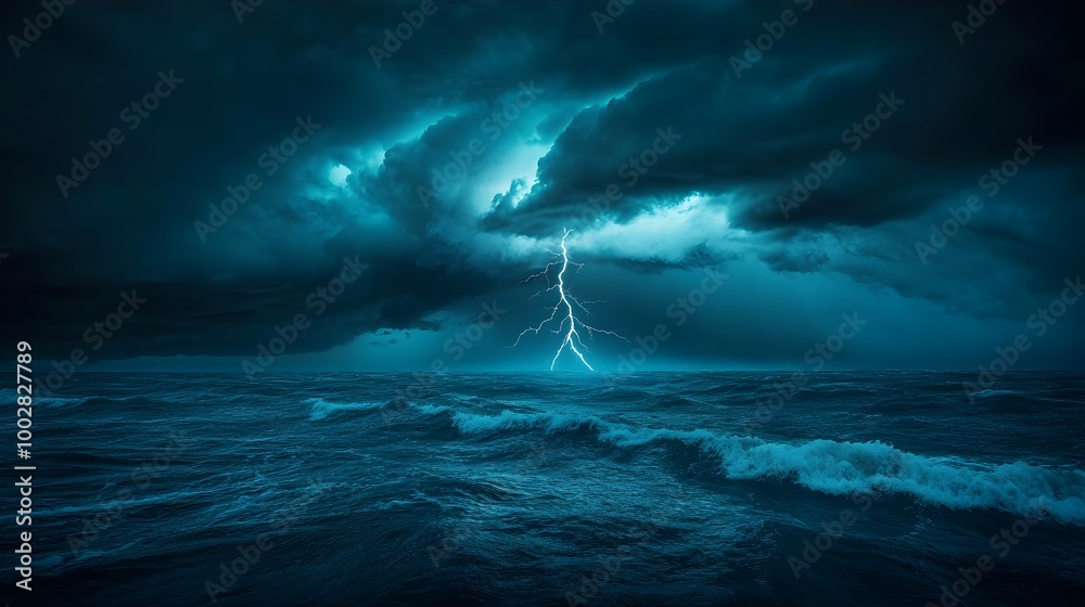 Poster a dramatic and captivating image showcasing the raw power of nature as a thunderstorm rages over the