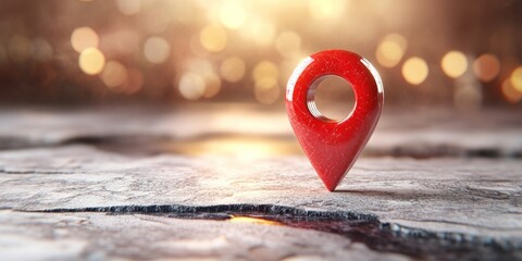 A vibrant red location pin stands prominently on a textured surface, illuminated by a warm, dreamy background with a subtle glow.