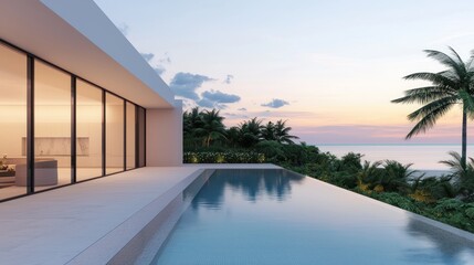 A modern villa overlooking a serene infinity pool, surrounded by lush greenery and a tranquil ocean view at sunset.