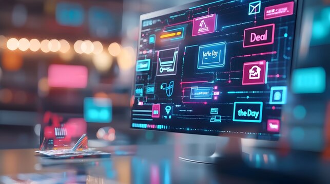 A desktop screen filled with blinking and vivid Deal of the Day notifications in neon colors capturing the rush and excitement of Cyber Monday online shopping and sales promotions - Powered by Adobe