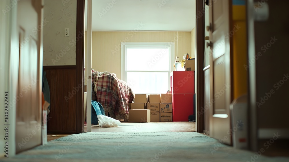 Poster a half empty room with large furniture pieces covered in moving blankets and a stack of boxes in the