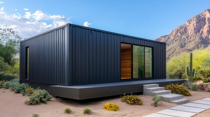 Fototapeta premium Modern container bathroom exterior with black steel siding, private outdoor shower, and desert surroundings