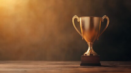 A shiny gold trophy glows in the light, symbolizing achievement and victory on a wooden surface against a soft golden background.