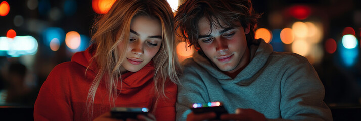 Obraz premium Young couple using their phones at night.