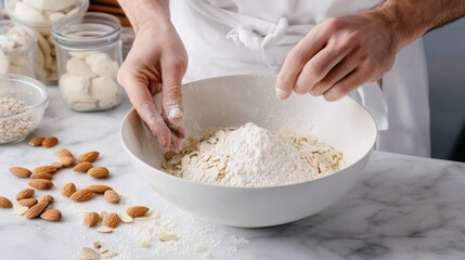 Fototapeta premium A professional chef preparing almond flour for baking, with a mixing bowl and scattered almonds on a marble countertop, showcasing a culinary creation process.