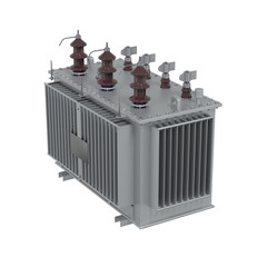 A gray, rectangular power transformer with cooling fins and multiple high-voltage insulators isolated on white background. 3d render.