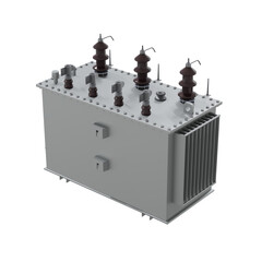 A gray, rectangular power transformer with cooling fins and multiple high-voltage insulators isolated on white background. 3d render.