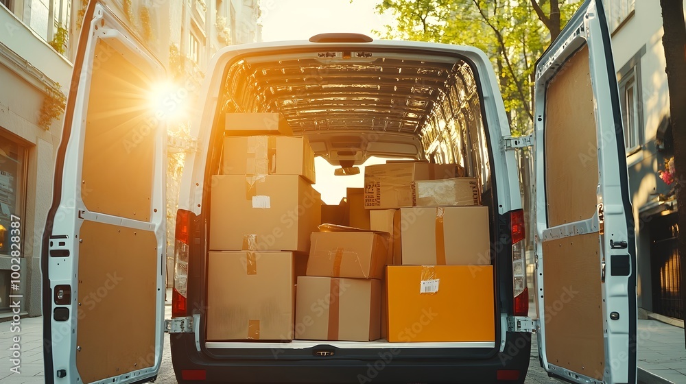 Poster a half loaded moving van with packed furniture and boxes with sunlight streaming through the open ba