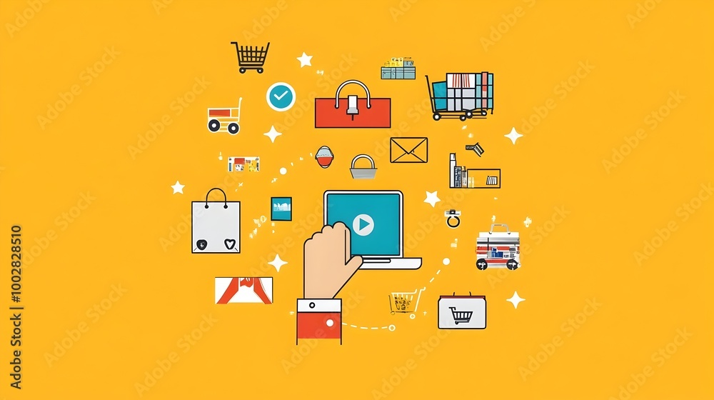 Poster a hand clicking a mouse surrounded by discount icons and flashing banners highlighting the simplicit