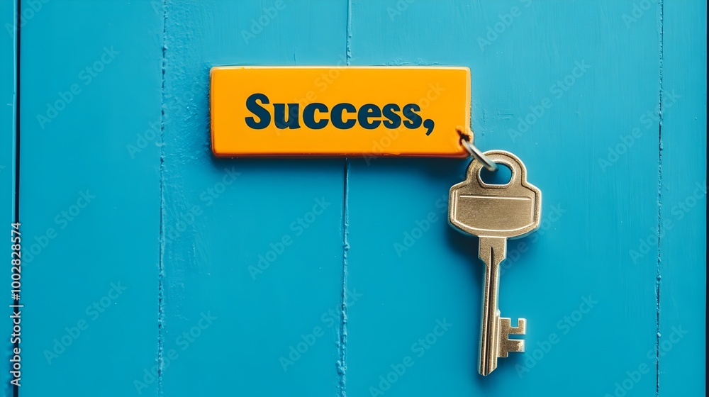 Poster a key with the word strategy unlocking a door labeled success representing the critical role of stra