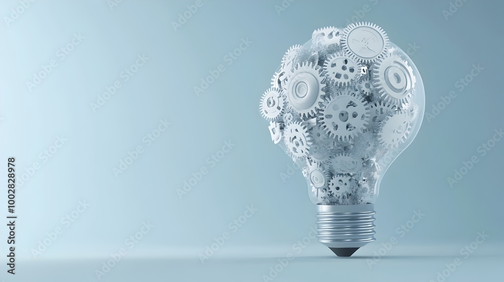 Poster A lightbulb made of interconnected gears and cogs representing the concept of innovation teamwork and in a business or industrial setting  The image symbolizes the synergy efficiency