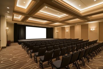Empty conference room with rows of chairs facing a large blank screen, prepared for a business event or presentation, featuring modern lighting and neutral decor. 