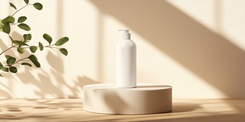 A minimalist white bottle on a circular pedestal, surrounded by natural light and soft shadows, creating a serene, aesthetic atmosphere.