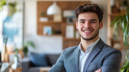 A professional portrait of a young male entrepreneur in a stylish office setting, with a clean, modern background and a confident, approachable demeanor.