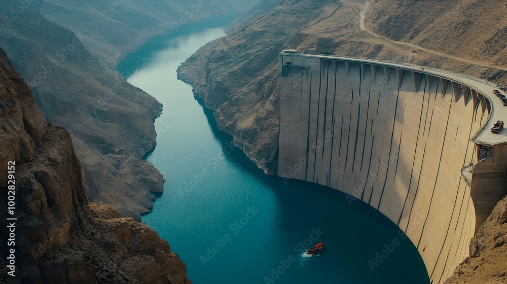 Poster a majestic dam holding back a vast reservoir of water symbolizing the delicate balance between contr