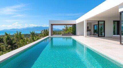 Fototapeta premium A modern villa features a stunning infinity pool, overlooking lush greenery and a vibrant sea under a clear blue sky.