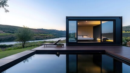 Fototapeta premium Compact container bathroom exterior with dark metal siding, open-air design, and view of a quiet valley