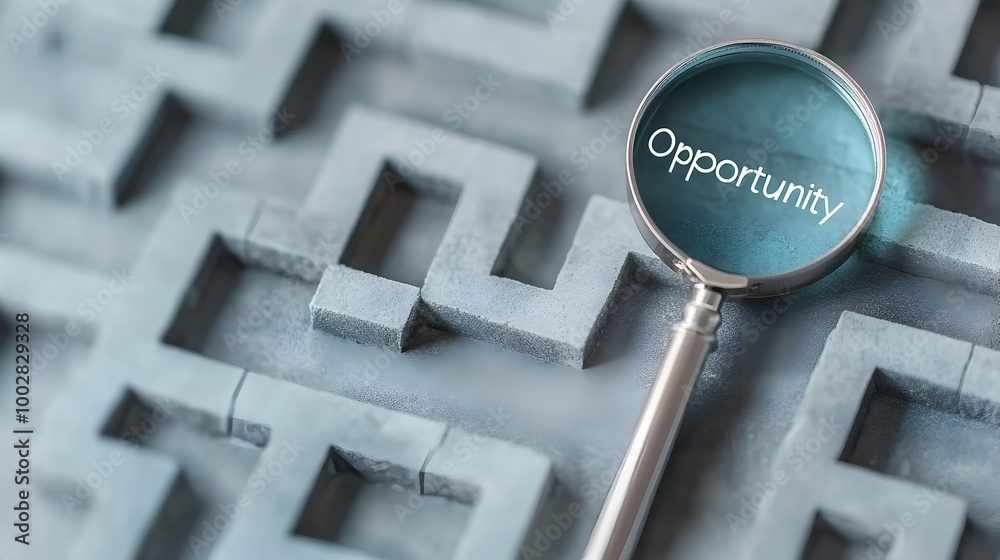 Aufkleber a magnifying glass zooming in on the word opportunity in a maze representing the search and for new 