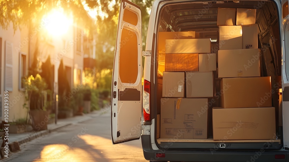 Poster a moving van partially filled with packed furniture boxes and belongings with sunlight streaming thr
