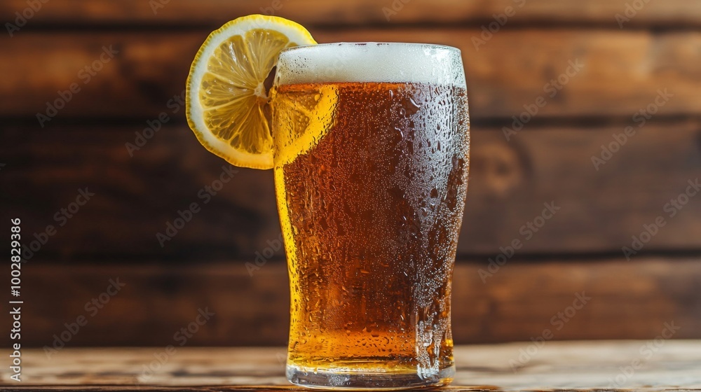 Aufkleber a refreshing close-up of a cold glass of beer with condensation, served with a slice of lemon on the