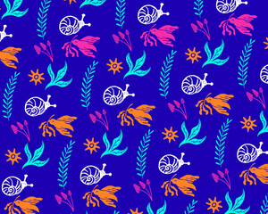A vibrant and whimsical pattern featuring snails, flowers, and leaves on a deep blue background. The illustration combines organic shapes with bold colors, creating a playful and eye-catching design.