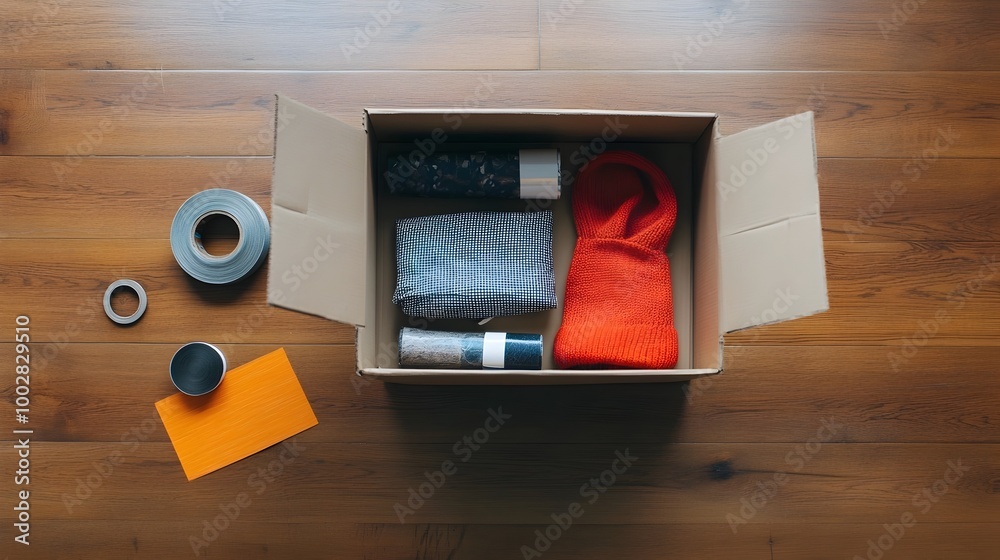 Aufkleber a neatly packed cardboard box containing various household items placed on a hardwood floor with mov