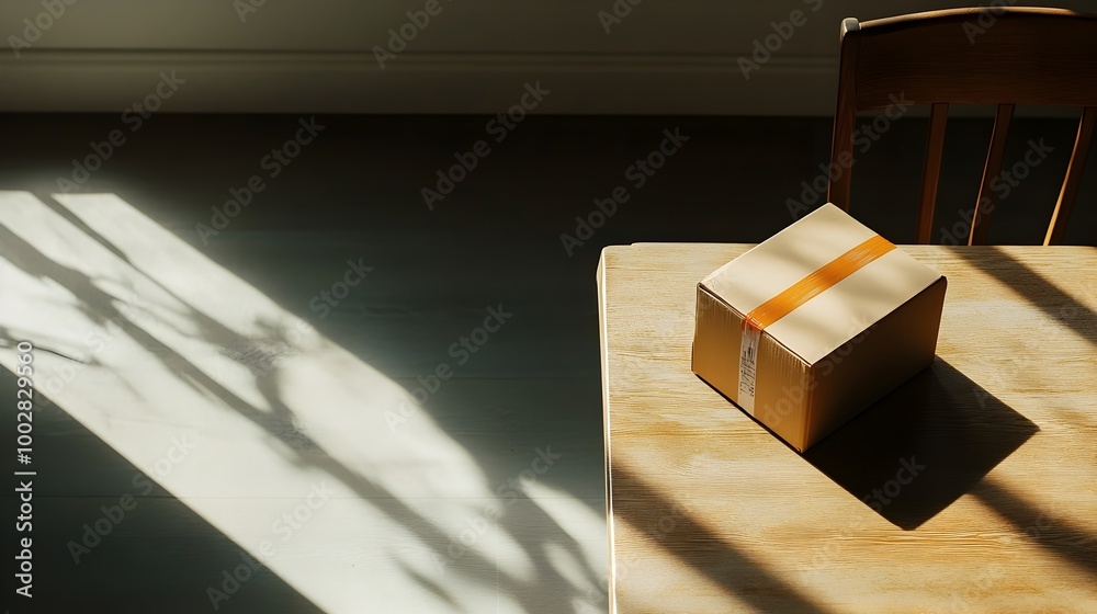 Leinwandbilder A packed and labeled box sitting on an empty dining table with furniture shadows cast on the floor from soft afternoon light filtering in creating a simple minimalist still life scene