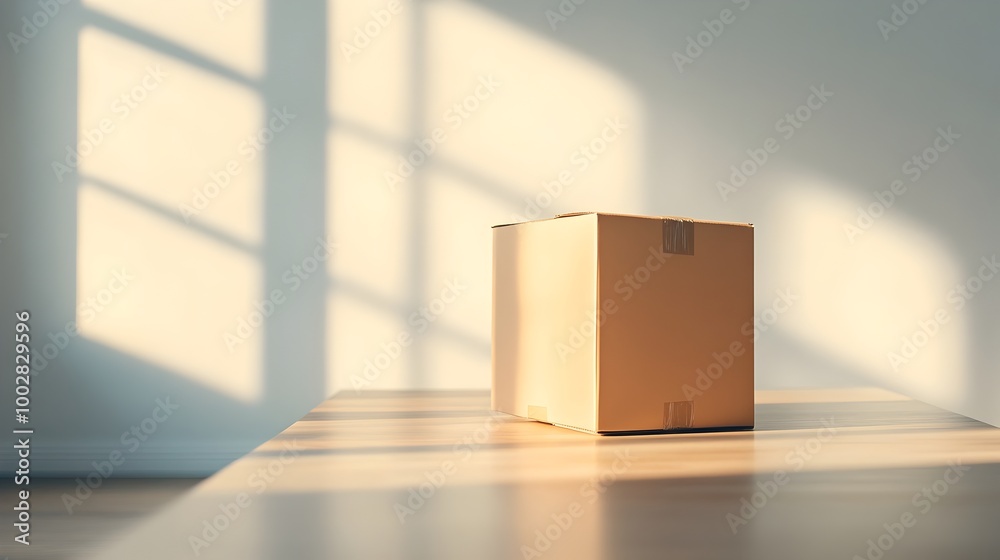 Aufkleber A packed and labeled cardboard box sitting on an empty dining table with furniture shadows cast on the floor from the soft afternoon light filtering in