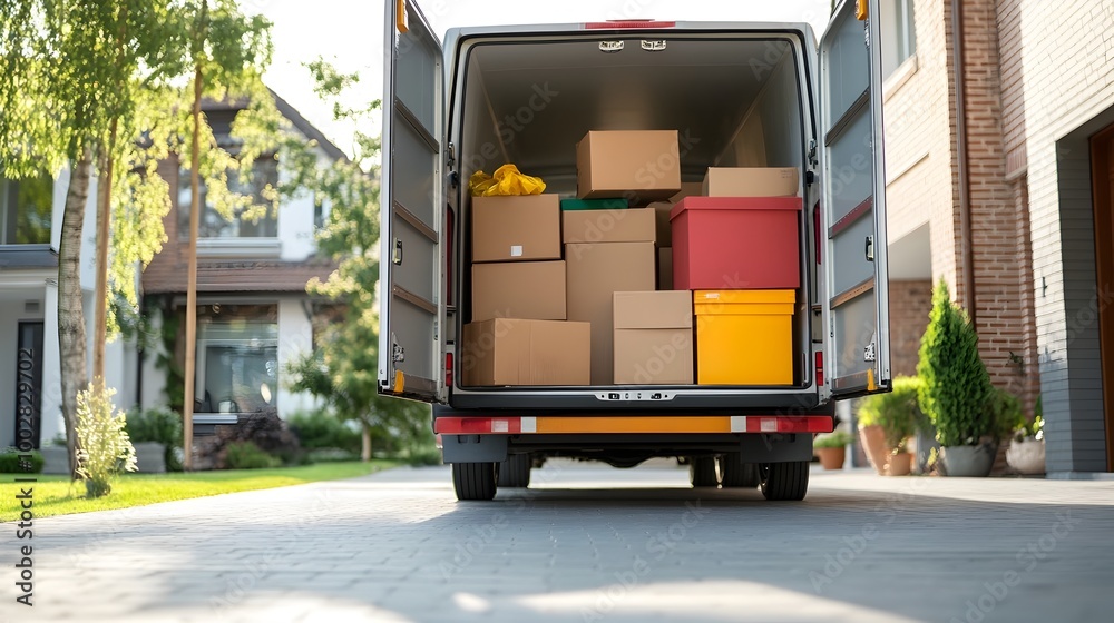 Poster a moving truck parked in a driveway its open back revealing stacked furniture and neatly packed boxe