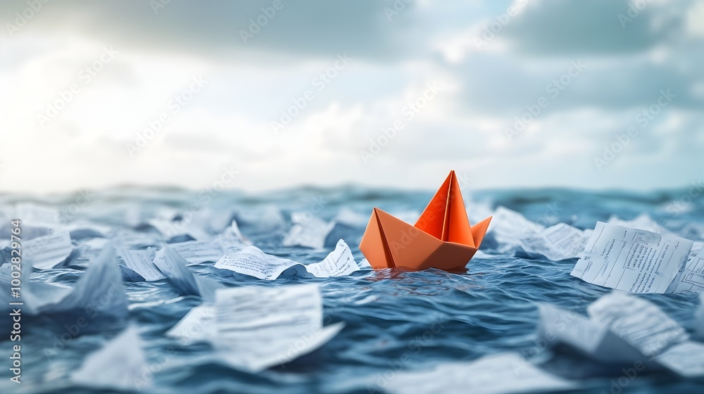 Aufkleber A paper boat floating in a sea of crumpled business plans symbolizing the navigation of the rough waters and unpredictable challenges faced by entrepreneurs in their pursuit of success and growth