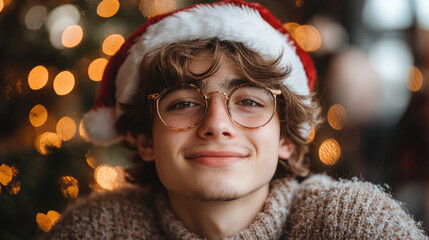 A joyful young man in a Santa hat beams with happiness as he sits near a beautifully decorated holiday tree with glowing lights