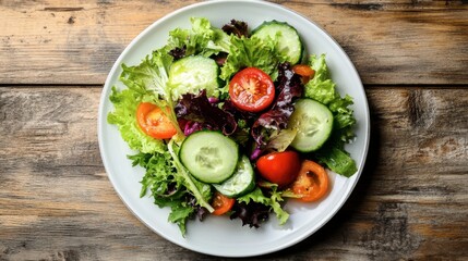 Top view of a white plate with a colorful salad, including mixed greens, tomatoes, and cucumbers, on a wooden table.