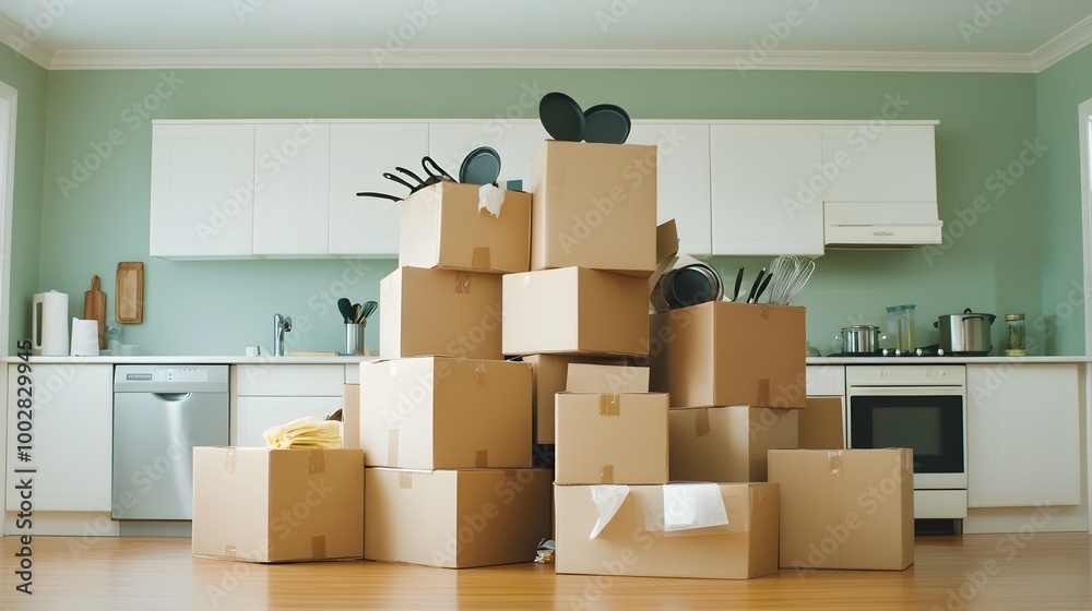 Poster a pile of cardboard moving boxes sitting in the middle of an empty kitchen with pots pans and other 