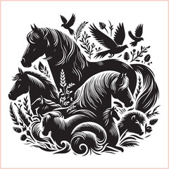 Silhouette Set of Horses Horse head bundle in Wild West Horses