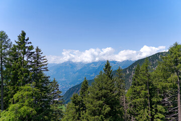 Aerial view of Italian City of Meran with Etsch Valley and Etsch River seen from mountain resort Meran 2000 on a sunny summer day. Photo taken July 18th, 2024, Meran Merano, Italy.