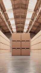 Cardboard boxes stacked in a spacious warehouse interior.