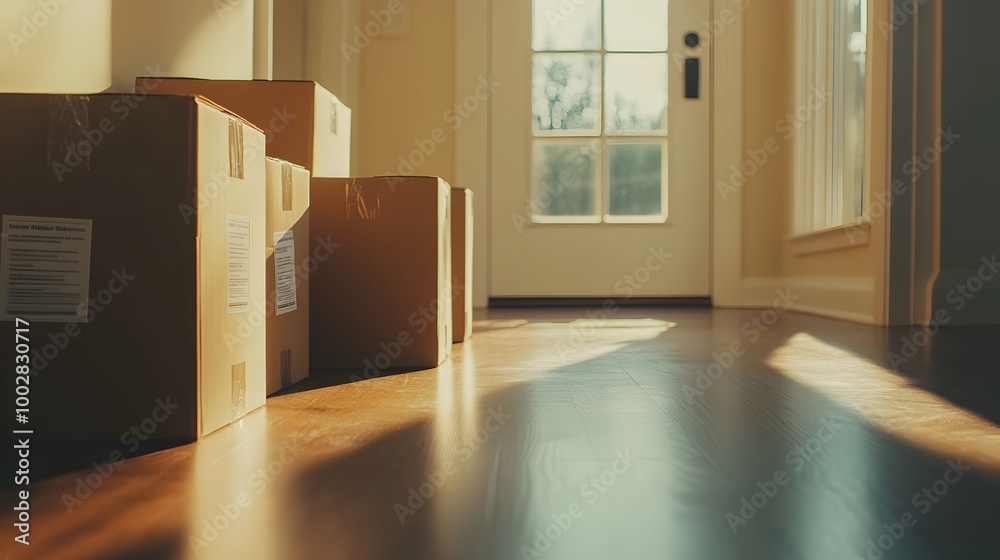 Poster A row of neatly packed and labeled moving boxes lined up near the front door with sunlight casting long shadows across the floor indicating a pending transition or relocation for the household