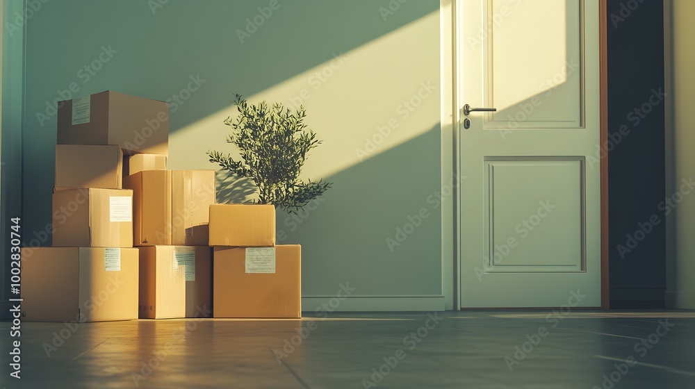 Poster A row of packed boxes lined up near the front door with moving labels visible and sunlight casting long shadows across the floor signifying a household relocation or delivery