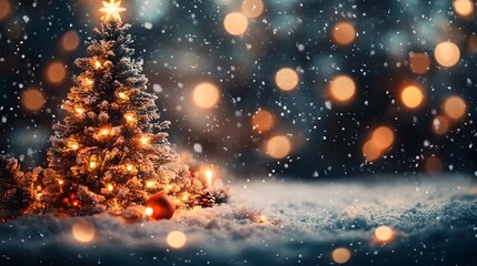 Naklejka premium Magical Christmas scene featuring a warmly lit glowing tree in a snowy winter landscape with soft blurred lighting and a peaceful atmospheric backdrop